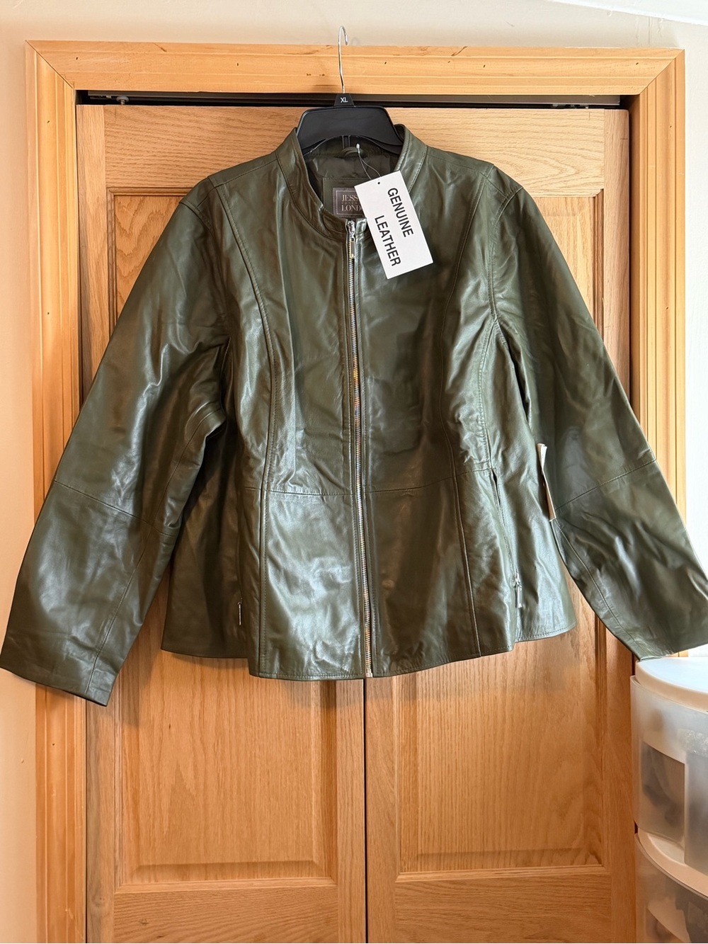 Jessica London Olive Green Genuine Leather Zip-Front Jacket